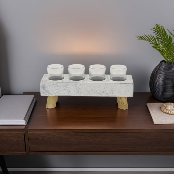 benzara Cabo Accent Vase with 4 Glass Pots Wood Legs Gray Ceramic 15 Inch -BM330146