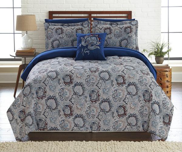 benzara Caen 8 Piece Full Size Printed Reversible Comforter Set Gray and Blue - BM202725