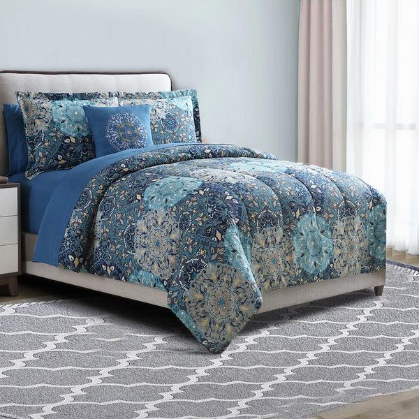 Benzara Caen 8 Piece King Size Printed Reversible Bed Set Blue - BM202758