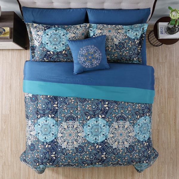 Benzara Caen 8 Piece King Size Printed Reversible Bed Set Blue - BM202758