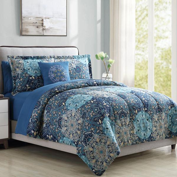 Benzara Caen 8 Piece King Size Printed Reversible Bed Set Blue - BM202758