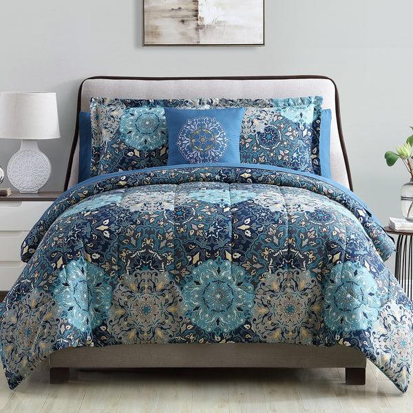 benzara Caen 8 Piece King Size Printed Reversible Bed Set Blue - BM202758
