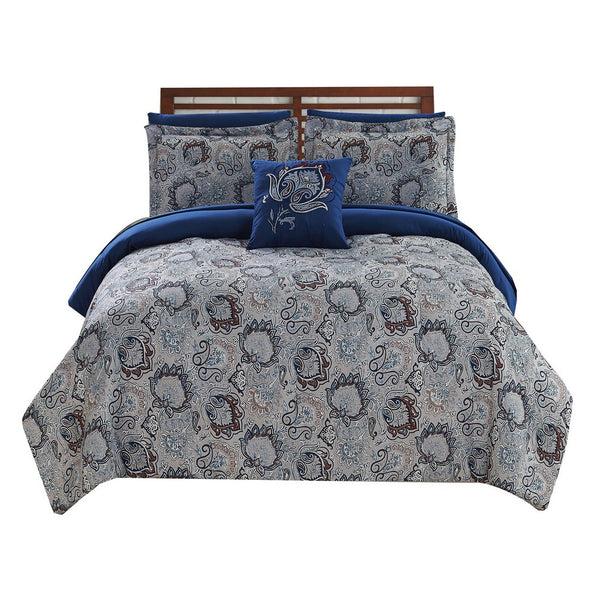 Benzara Caen 8 Piece Printed Queen Reversible Comforter Set Gray And Blue - BM202742