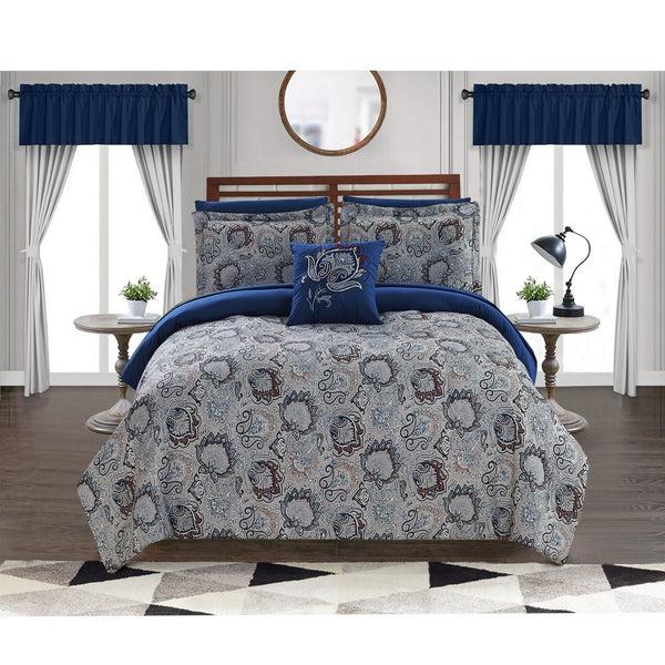 benzara Caen 8 Piece Printed Queen Reversible Comforter Set Gray and Blue - BM202742