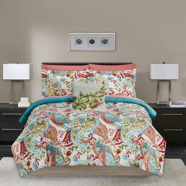 benzara Caen 8 Piece Printed Reversible Queen Size Comforter Set Multicolor - BM202746
