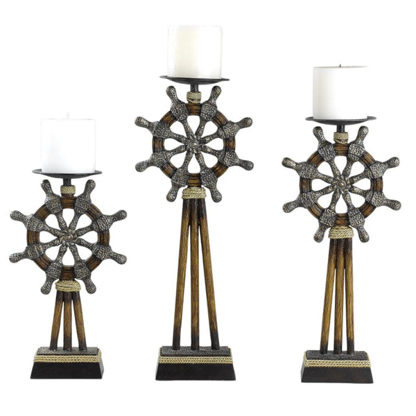 Benzara Capi 3pc Candle Holder Set W Candles Bronze Wheel Shape Solid Base -BM323993