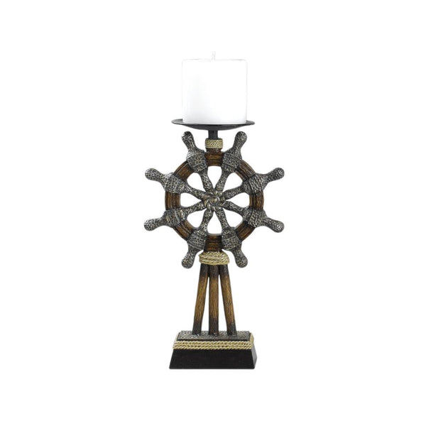 Benzara Capi 3pc Candle Holder Set W Candles Bronze Wheel Shape Solid Base -BM323993