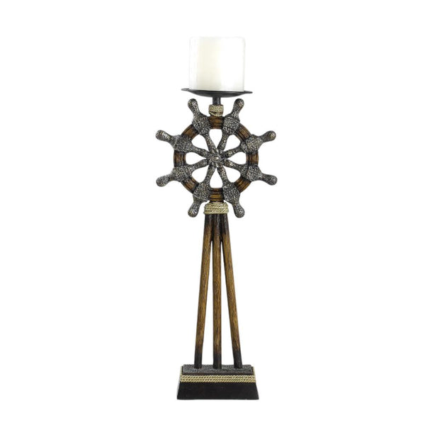 Benzara Capi 3pc Candle Holder Set W Candles Bronze Wheel Shape Solid Base -BM323993