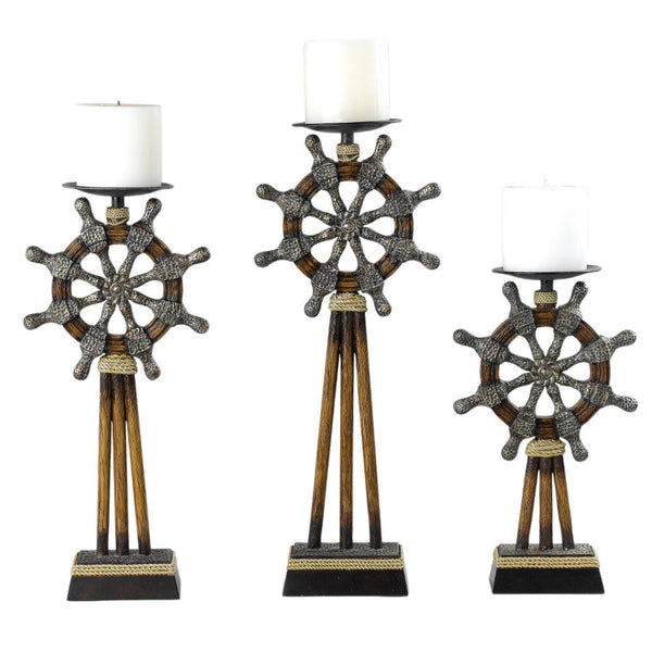 benzara Capi 3pc Candle Holder Set w Candles Bronze Wheel Shape Solid Base -BM323993