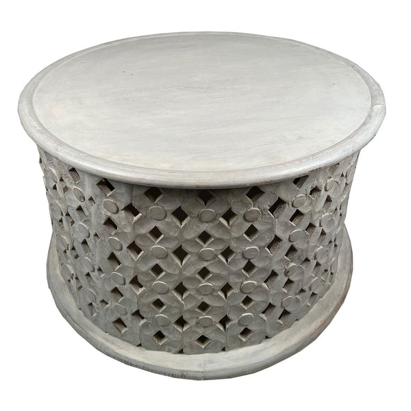 Benzara Cato 28 Inch Artisanal Round Mango Wood Coffee Table Intricate Diamond Lattice Cut Out Frame Washed White- UPT-241080