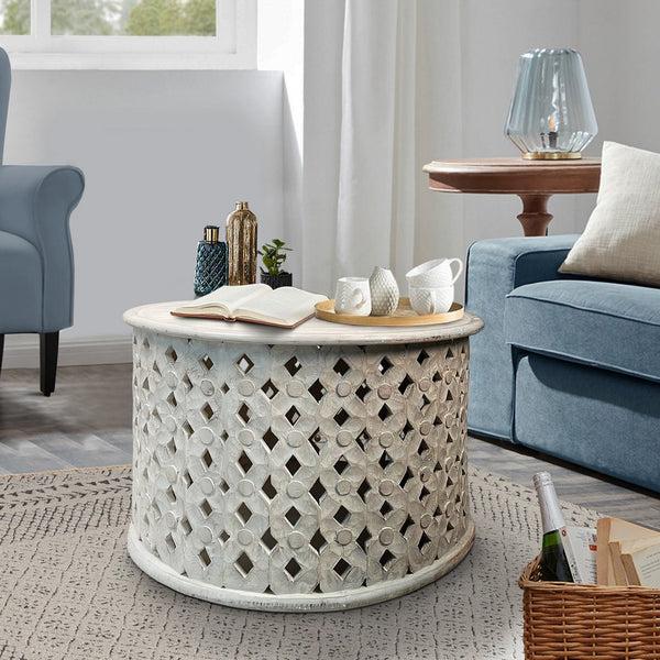 benzara Cato 28 Inch Artisanal Round Mango Wood Coffee Table Intricate Diamond Lattice Cut Out Frame Washed White- UPT-241080