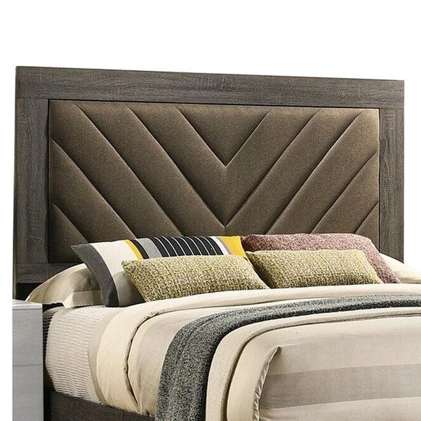 Benzara Cato Upholstered Queen Size Bed Chevron Tufted Brown Headboard Dark Gray - BM301356