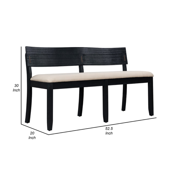 Benzara Celi 53 Inch Dining Bench Cream Fabric Seat Matte Black Wood Frame - BM311522