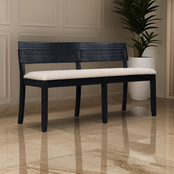 benzara Celi 53 Inch Dining Bench Cream Fabric Seat Matte Black Wood Frame - BM311522