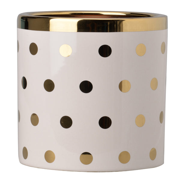Benzara Ceramic Cylindrical Planter With Polka Dots Pattern White And Gold - BM202244