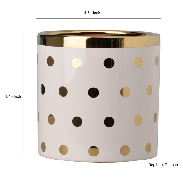 Benzara Ceramic Cylindrical Planter With Polka Dots Pattern White And Gold - BM202244