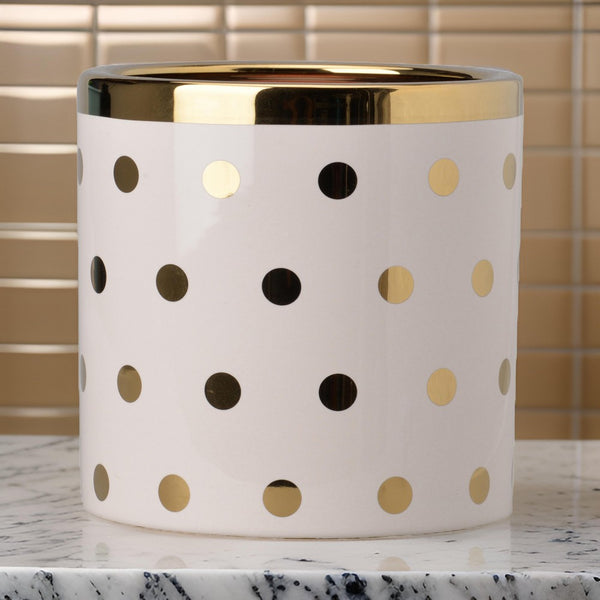 benzara Ceramic Cylindrical Planter with Polka Dots Pattern White and Gold - BM202244