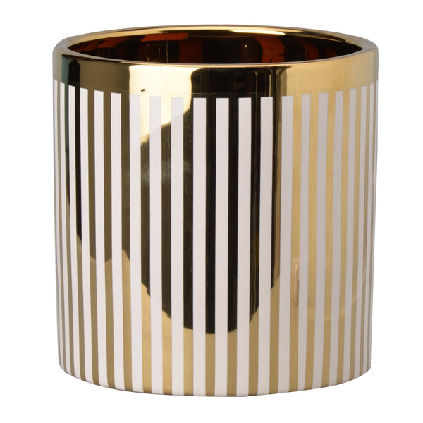 Benzara Ceramic Cylindrical Planter With Strips Pattern White And Gold - BM202243