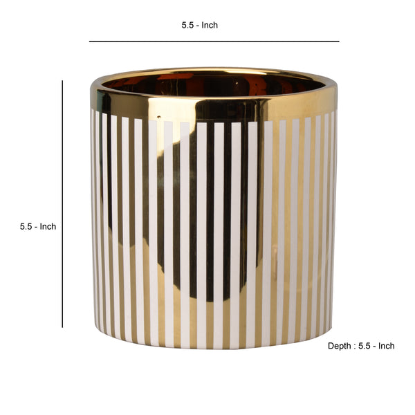 Benzara Ceramic Cylindrical Planter With Strips Pattern White And Gold - BM202243