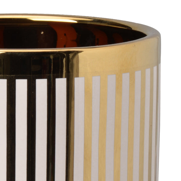 Benzara Ceramic Cylindrical Planter With Strips Pattern White And Gold - BM202243