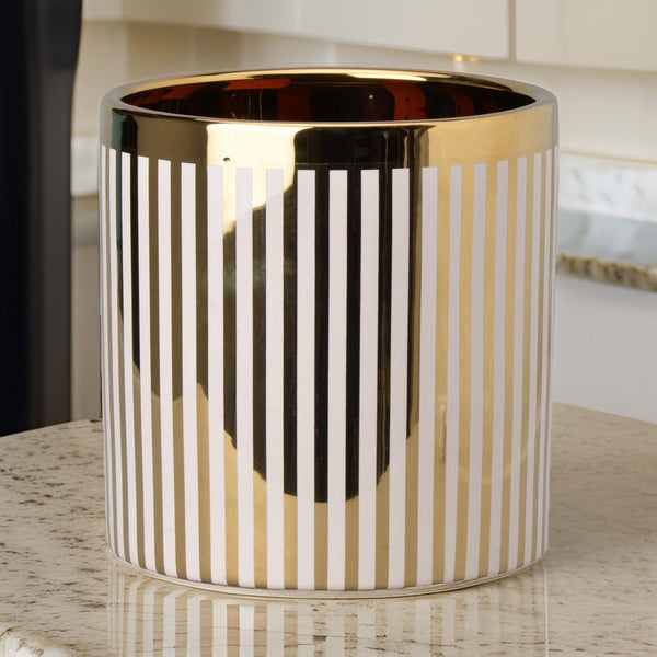 benzara Ceramic Cylindrical Planter with Strips Pattern White and Gold - BM202243
