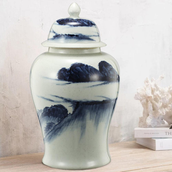 benzara Ceramic Windswept Ginger Jar In White And Blue - BM180954