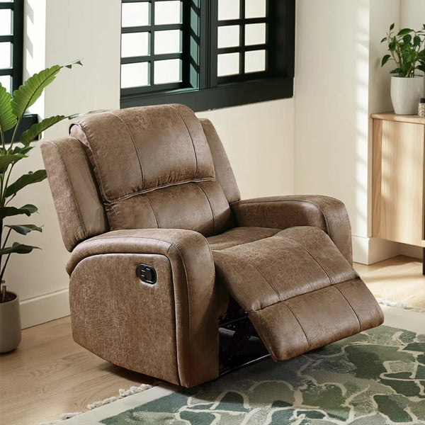 benzara Charles Manual Recliner Chair Chestnut Brown Faux Leather Solid Wood -BM326097