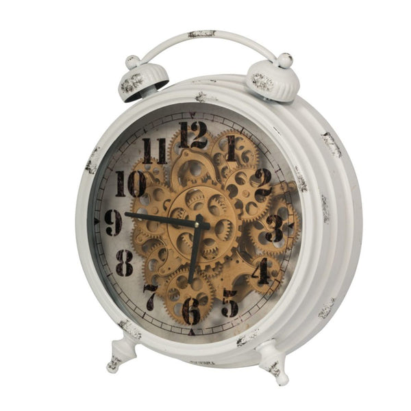 Benzara Classic Metal Table Clock With Gears Front And Distressed Details White And Gold - BM196310