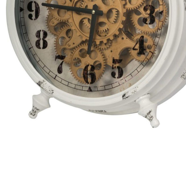 Benzara Classic Metal Table Clock With Gears Front And Distressed Details White And Gold - BM196310