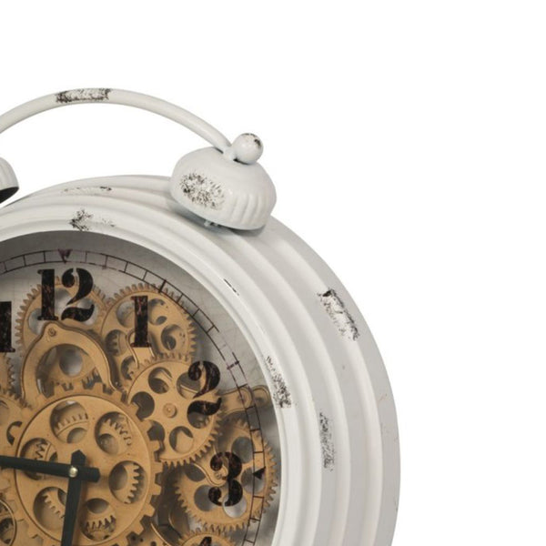 Benzara Classic Metal Table Clock With Gears Front And Distressed Details White And Gold - BM196310