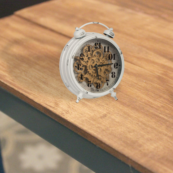 benzara Classic Metal Table Clock with Gears Front and Distressed Details White and Gold - BM196310