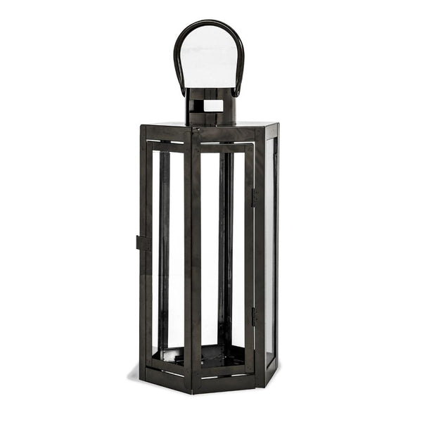 Benzara Clerk Lantern Black Stainless Steel Hexagonal Tempered Glass 16 Inch -BM321641