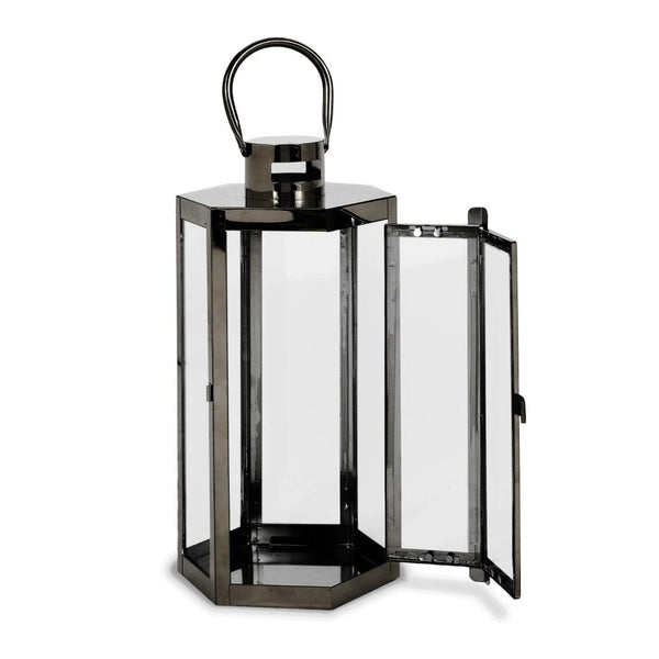 Benzara Clerk Lantern Black Stainless Steel Hexagonal Tempered Glass 16 Inch -BM321641