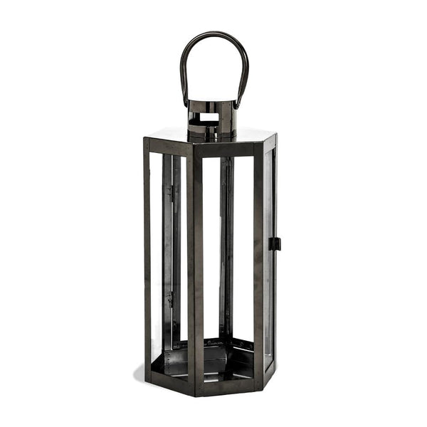 Benzara Clerk Lantern Black Stainless Steel Hexagonal Tempered Glass 16 Inch -BM321641