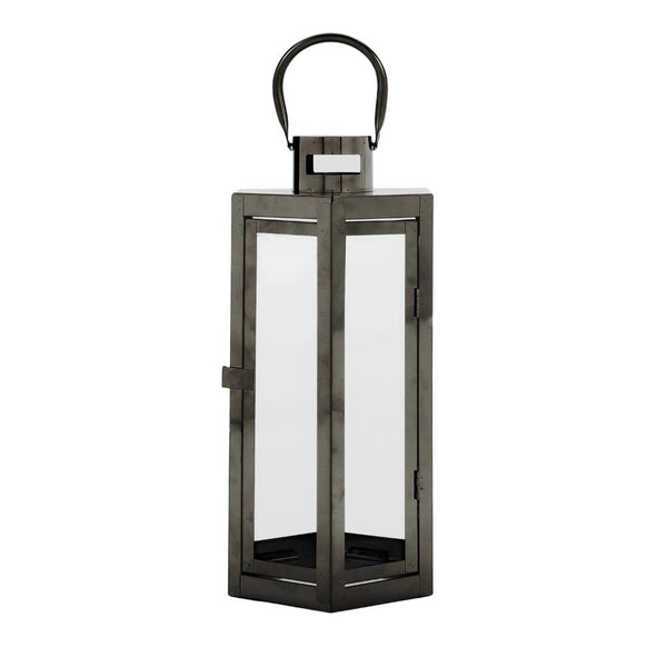benzara Clerk Lantern Black Stainless Steel Hexagonal Tempered Glass 16 Inch -BM321641