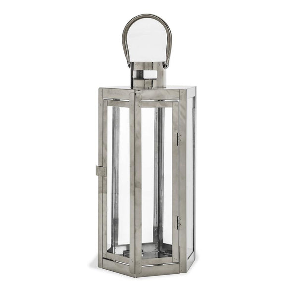 Benzara Clerk Lantern Silver Stainless Steel Hexagonal Tempered Glass 16 Inch -BM321645