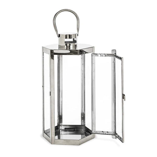 Benzara Clerk Lantern Silver Stainless Steel Hexagonal Tempered Glass 16 Inch -BM321645