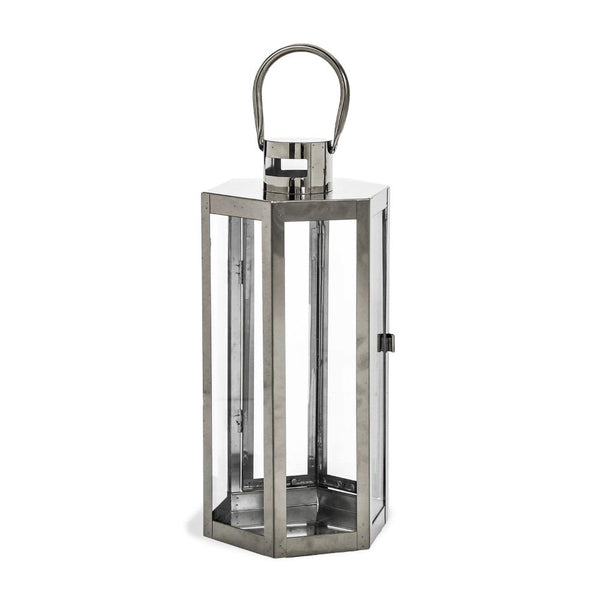 Benzara Clerk Lantern Silver Stainless Steel Hexagonal Tempered Glass 16 Inch -BM321645