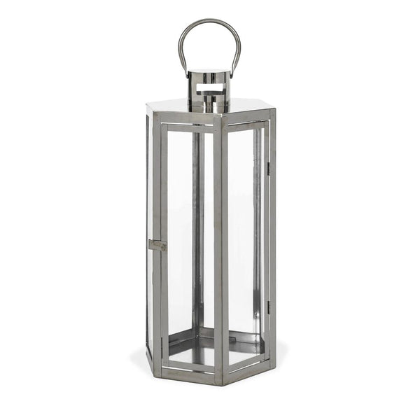 Benzara Clerk Lantern Silver Stainless Steel Hexagonal Tempered Glass 23 Inch -BM321646