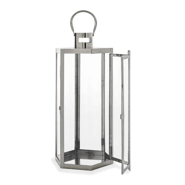 Benzara Clerk Lantern Silver Stainless Steel Hexagonal Tempered Glass 23 Inch -BM321646