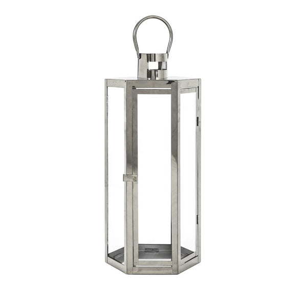 benzara Clerk Lantern Silver Stainless Steel Hexagonal Tempered Glass 23 Inch -BM321646