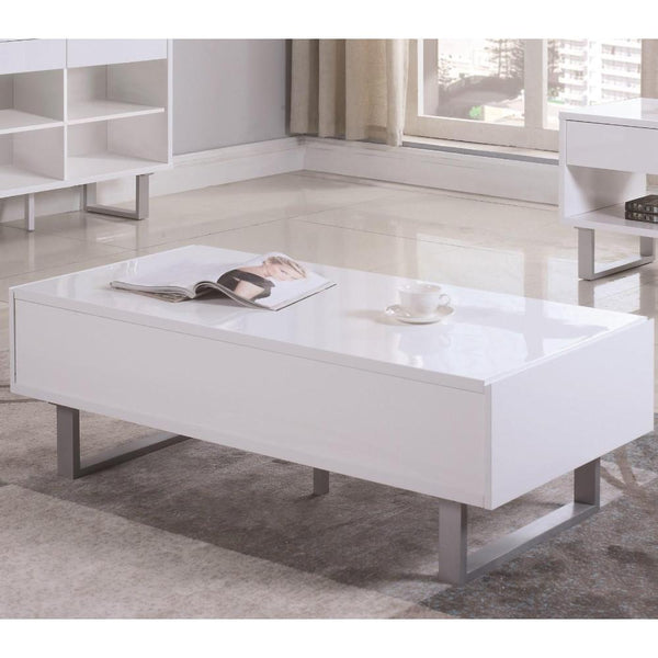 benzara Contemporary Storage Coffee Table With Metallic Base Glossy White