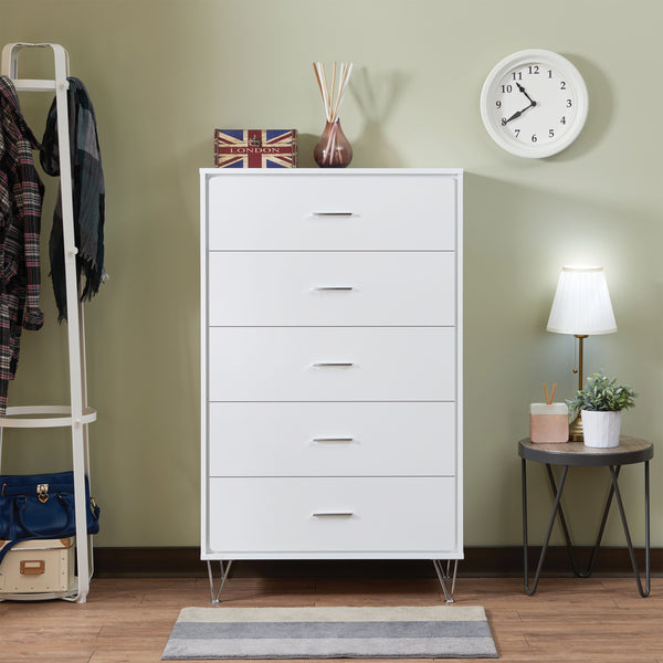benzara Contemporary Style Wooden Chest with Five Drawers White