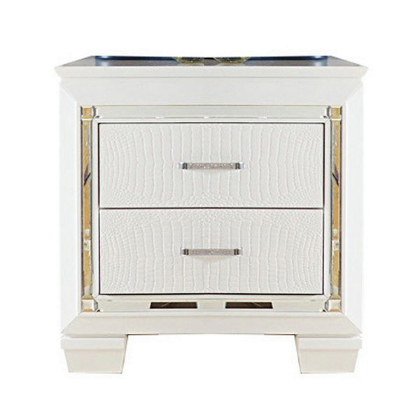 Benzara Contemporary Wooden Nightstand With 2 Drawers And LED Lighting White - BM219986