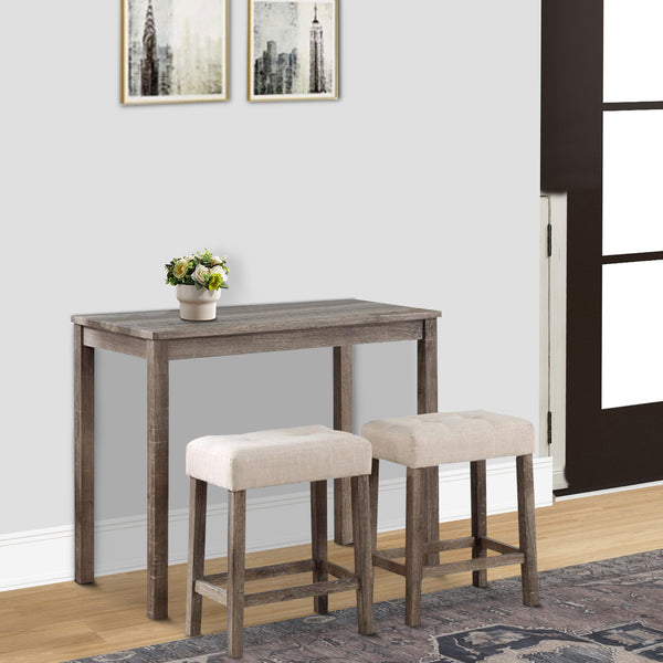 benzara Cora 3 Piece Counter Height Table Set Deep Tufted Stools Brown Beige - BM286621