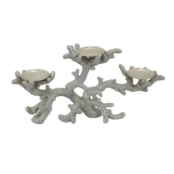Benzara Coral Decor With 3 Round Candle Holders Natural Silver Resin 21 Inch -BM324572