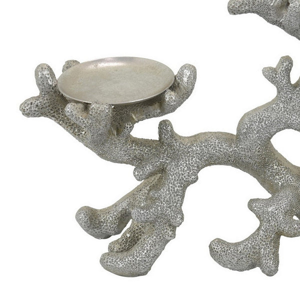 Benzara Coral Decor With 3 Round Candle Holders Natural Silver Resin 21 Inch -BM324572