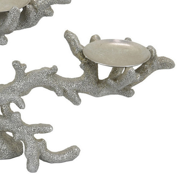 Benzara Coral Decor With 3 Round Candle Holders Natural Silver Resin 21 Inch -BM324572