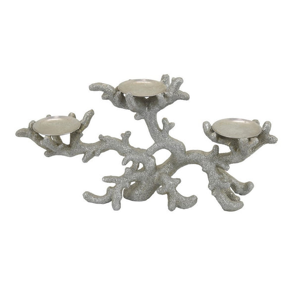 benzara Coral Decor with 3 Round Candle Holders Natural Silver Resin 21 Inch -BM324572