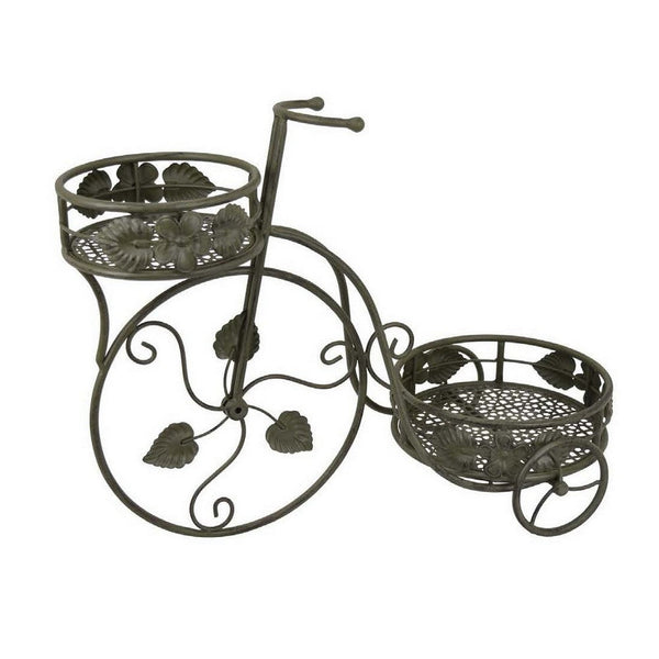 Benzara Covey Accent Plant Stand Tricycle 2 Round Pots Green Metal 22 Inch -BM330121